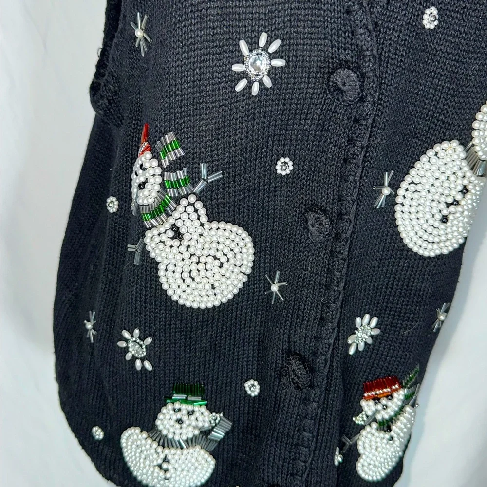 VICTORIA JONES • Vtg Christmas Vest Sweater Beaded Snowman Ugly Sweater Black Lg